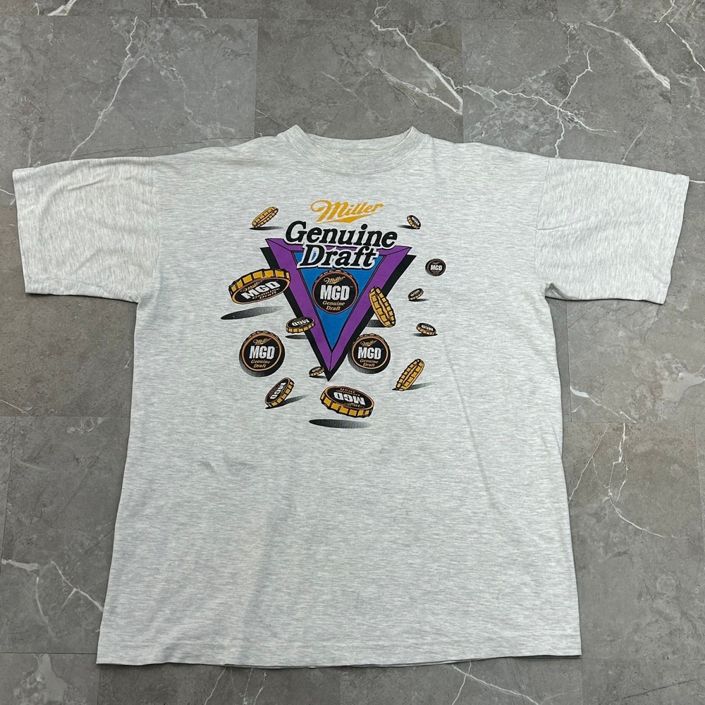 Vintage Miller Genuine Draft Beer Graphic Tee Mens XL Bottle Cap Shirt Grey